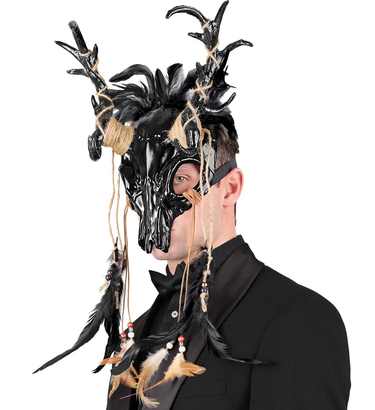 Máscara de Chamán con Cráneo Negro de Ciervo y Plumas Máscaras Halloween Widmann